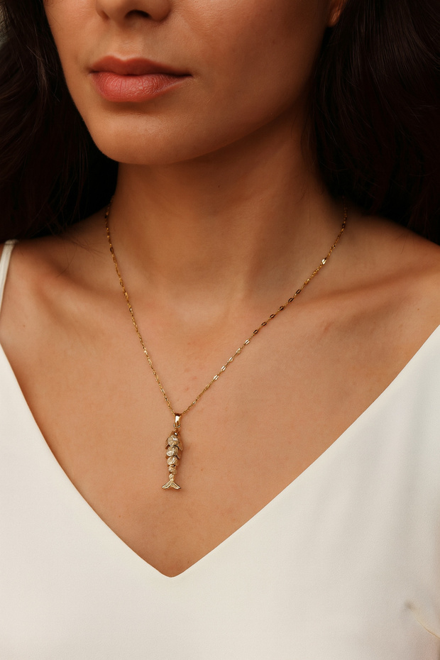 Modern Chain Detailed Gold Color Fish Figured Women's Steel Necklace