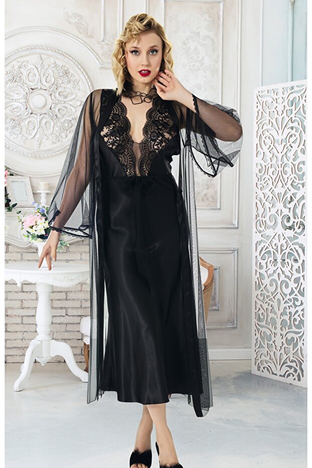 Long Satin Nightgown and Tulle Robe Set with Lace Detail 2-Piece Set 4918