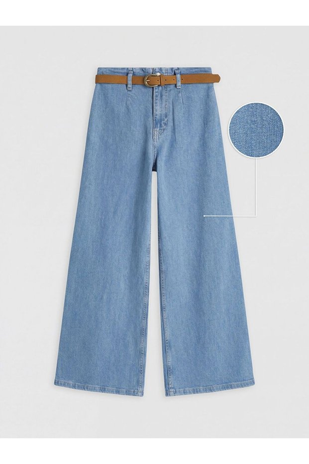 Wideleg Women's Jeans Trousers with Belt on the Waist