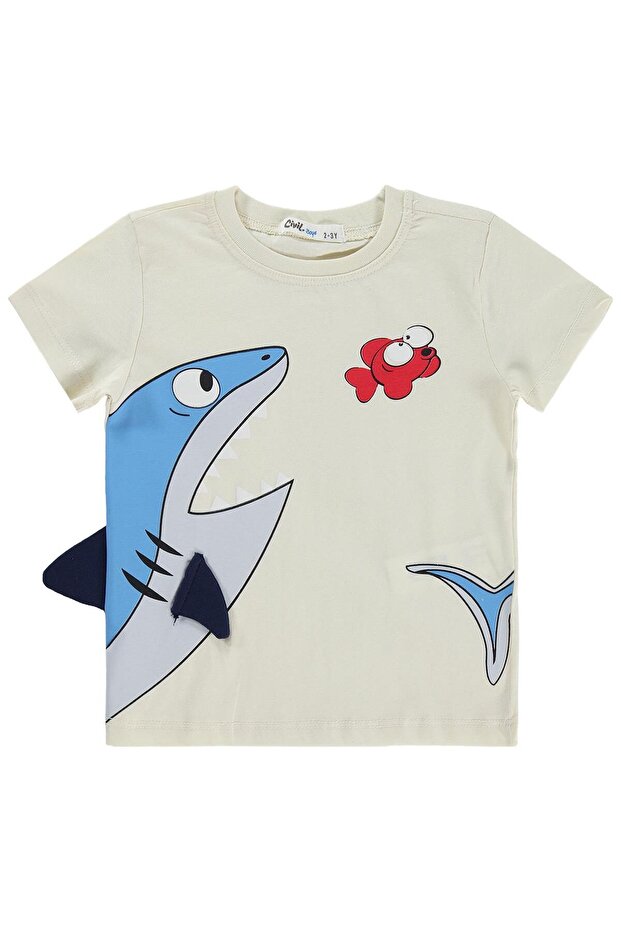 Shark Printed T-Shirt for Ages 2-5 - Ecru