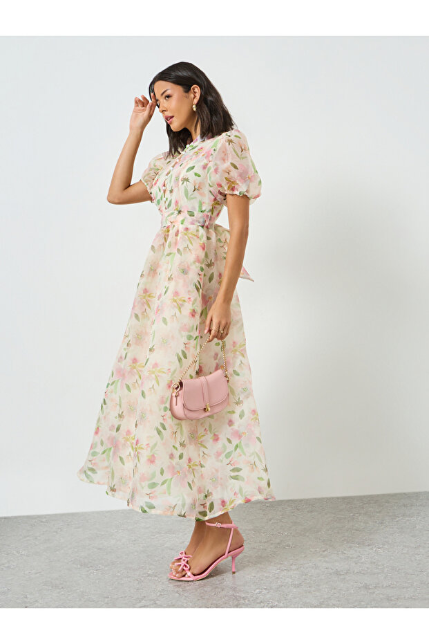 Cream Floral Puff Sleeves Maxi Dress with Tie-Belt