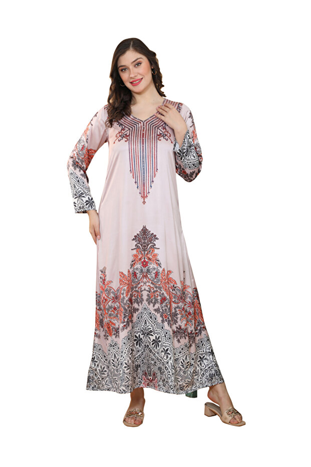 Pink V Neck Printed Jalabiya with Pearl Detail
