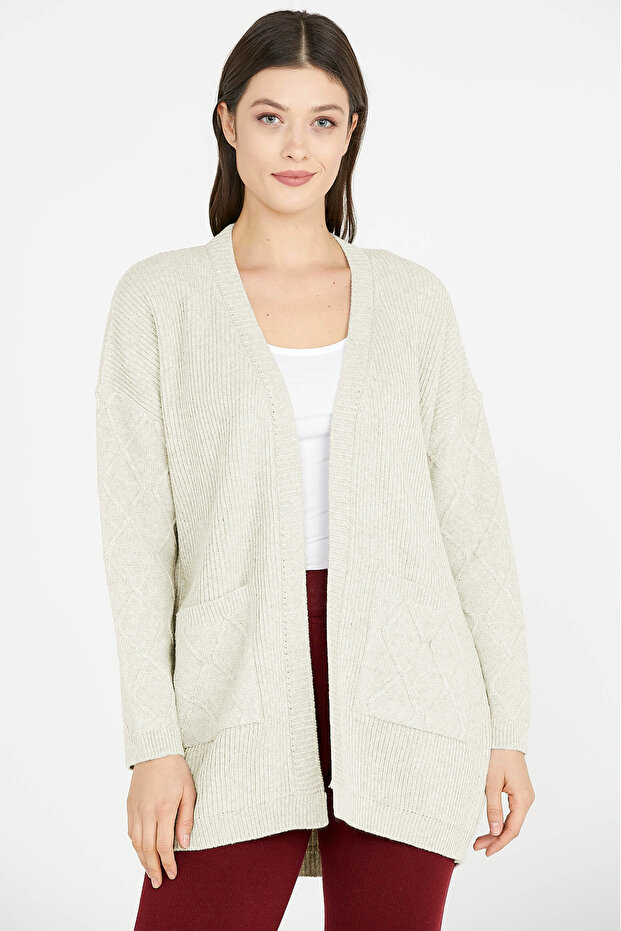 Long Knitwear Cardigan with Pockets - Bone Color