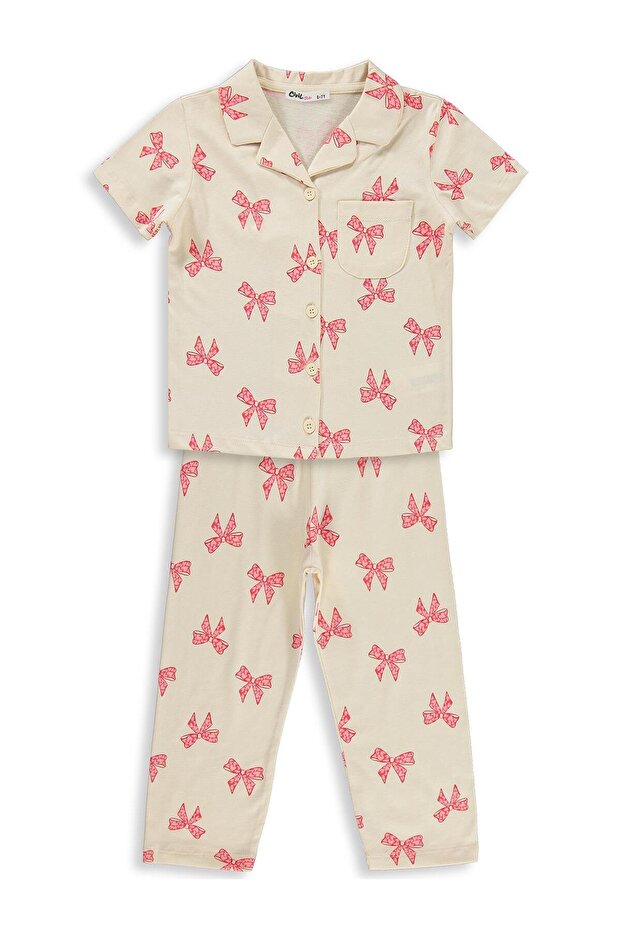 Bow Patterned Pajama Set for 10-13 Years Old - Ivory
