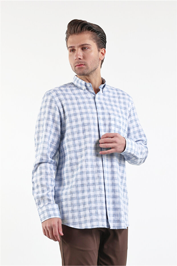 White-Blue Buttoned Collar Long Sleeve Pocketed Comfort Fit Cotton Shirt 1004260178