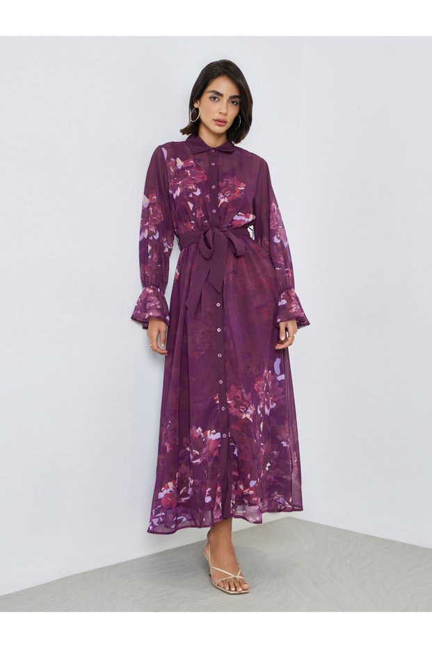 Purple Floral Maxi Dress with Tie-Belt