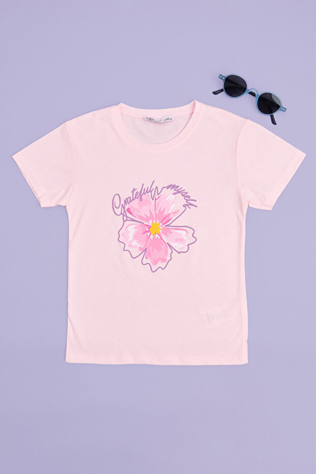 Flower Printed Crew Neck Girl's T-Shirt