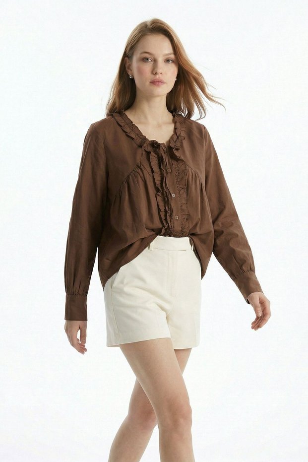 Coffee V-Neck Ruffled Tie Detail Blouse 0108