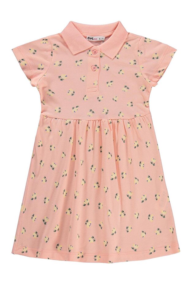 Leaf Flower Patterned Dress for 6-9 Years - Powder