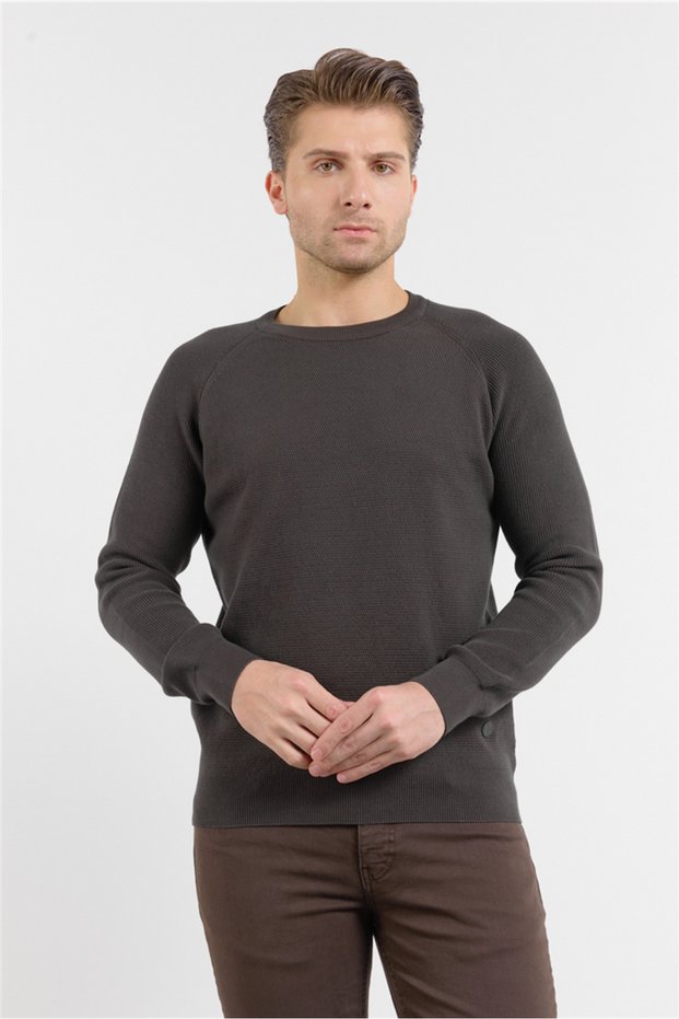 Khaki Crew Neck Long Sleeve Pocketless Standard Fit Sweater 100% Cotton Knitwear 1012260150