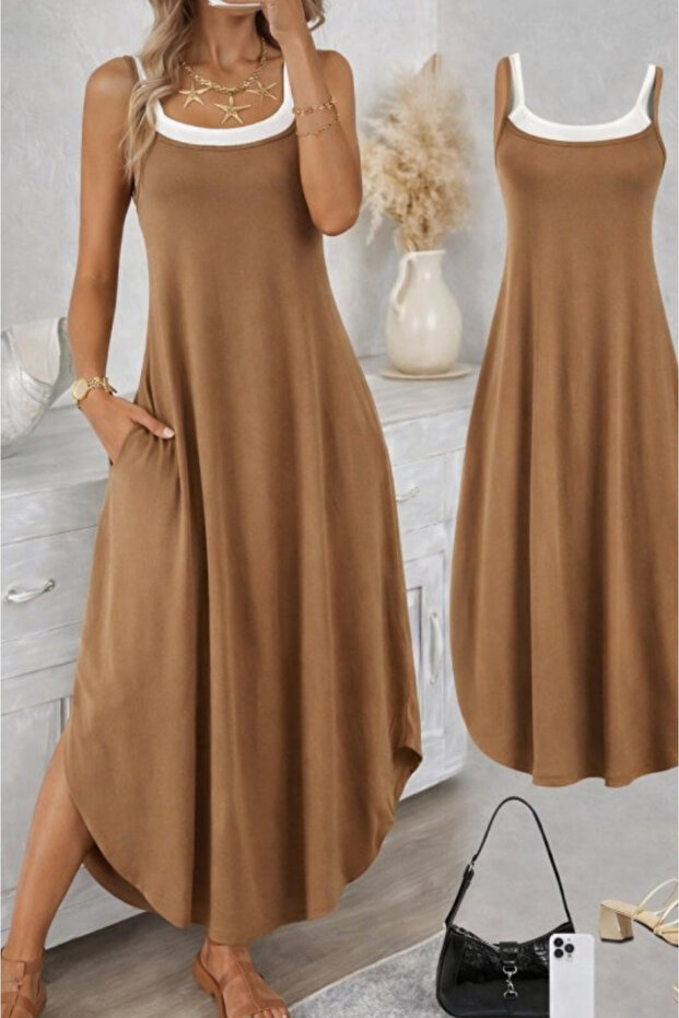 Women's Round Neck Rope Strap Long Viscose Dress
