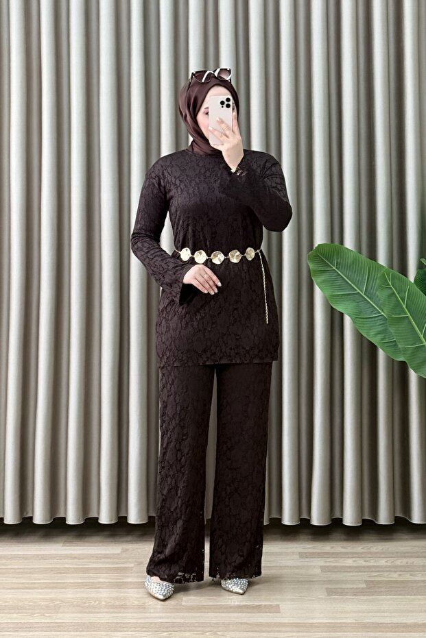 Parla Lace Suit Lycra Fabric Lined Women's Brown Lace Patterned Waist Chain Detailed Trouser Suit