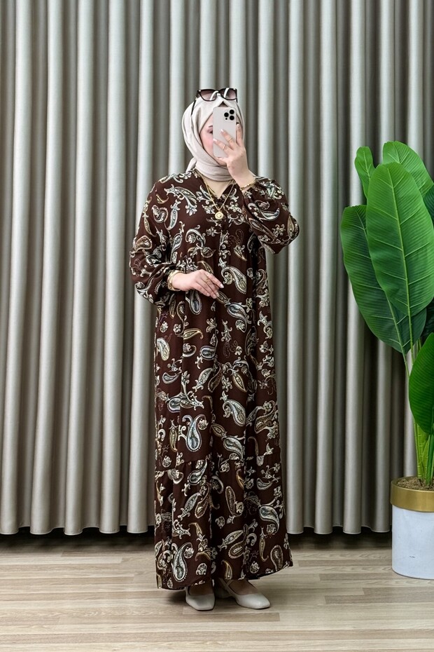 Patterned Meli̇ke Elbi̇se Vis Viscose Mash Women's Brown Hijab Dress with Button Detail and Elastic Sleeves