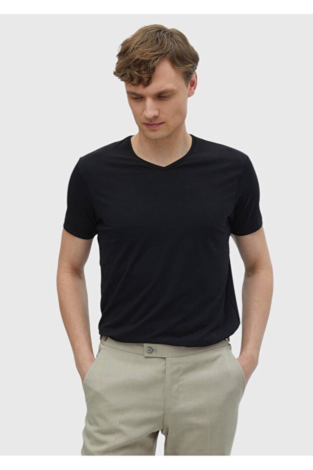 Cotton Blended Black T-Shirt - Plain V-Neck