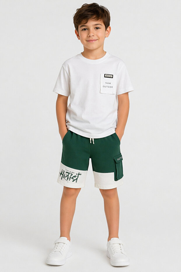 Boy's White Color Shorts Set with Artist Text Pattern on the Front and Back and Pocket on the Bag