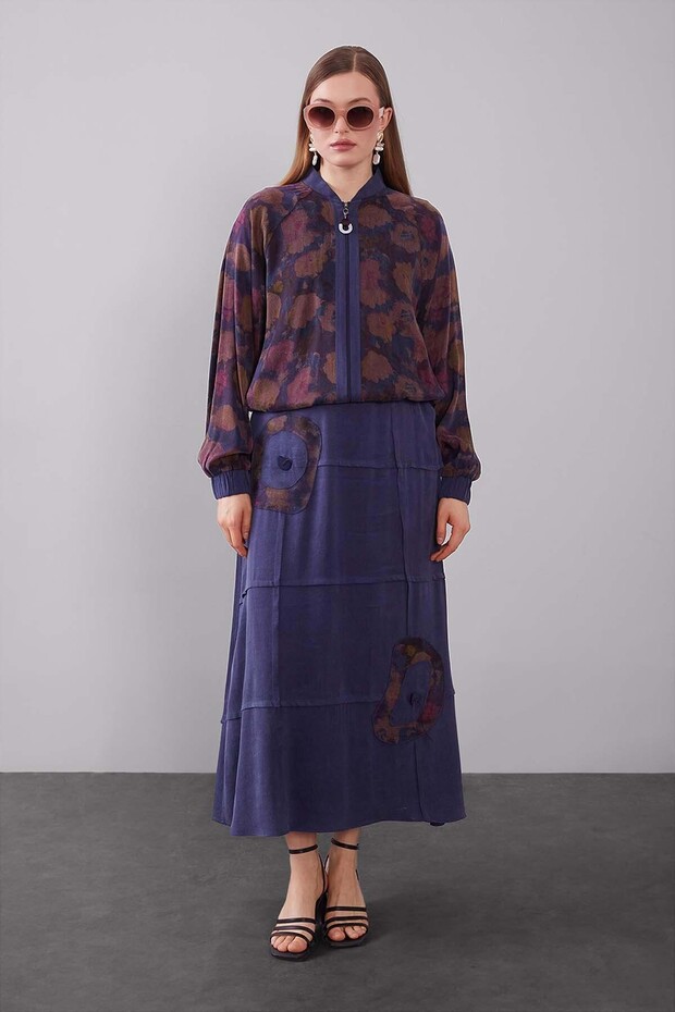 Levidor Zipper Detail Cupra Fabric Jacket Skirt Set 131080 Plum