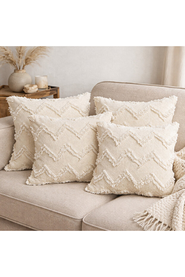Throw Pillow Cover 4 Pieces Cotton Fringed Chenille Fabric 43 X 43 cm
