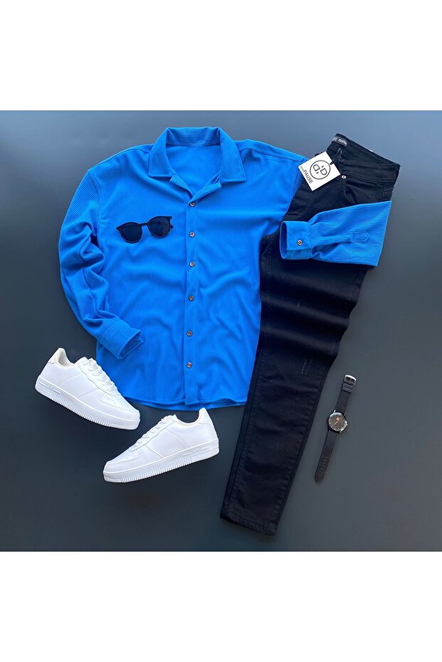 Corded Fabric Knit Shirt and Slim Fit Jeans Set
