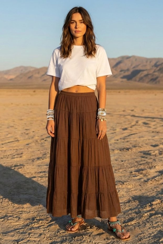 Women's Elastic Waist Panel Midi Skirt Brown – 100% Viscose, Comfortable Fit, Casual and Stylish