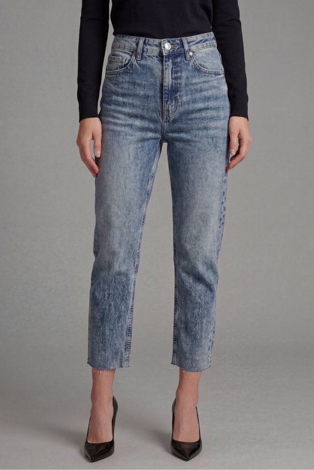 Blue Women's Body Fit Jean Pants High Waist Cut-Off Leg Slim Fit Denim