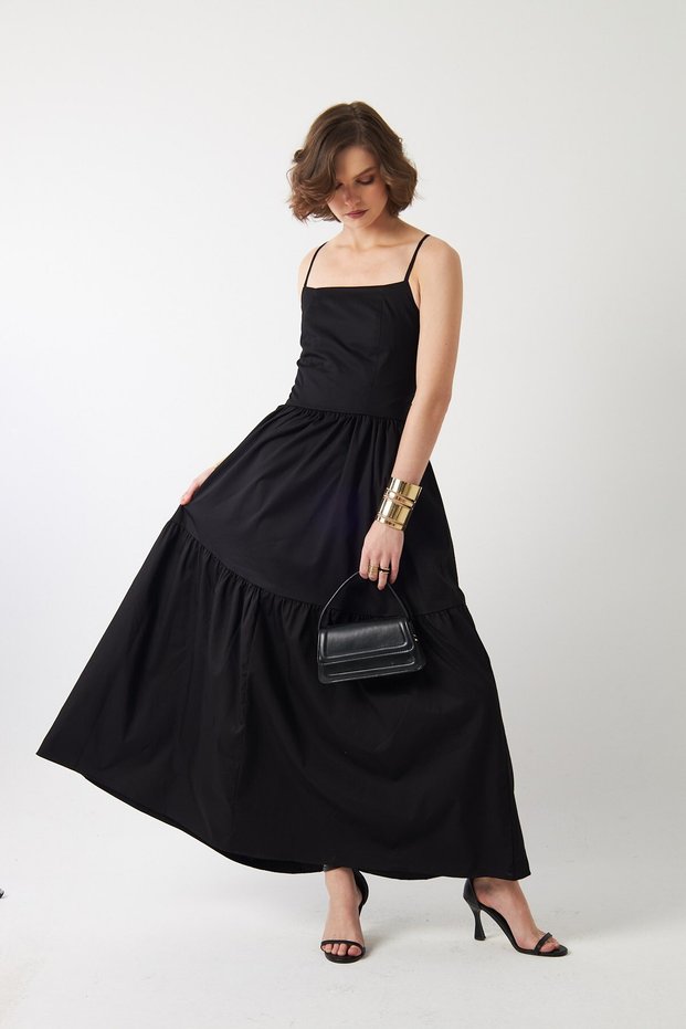 Women's Backless Strappy Long Dress Black – Poplin, Tie Detail, Cotton Satin