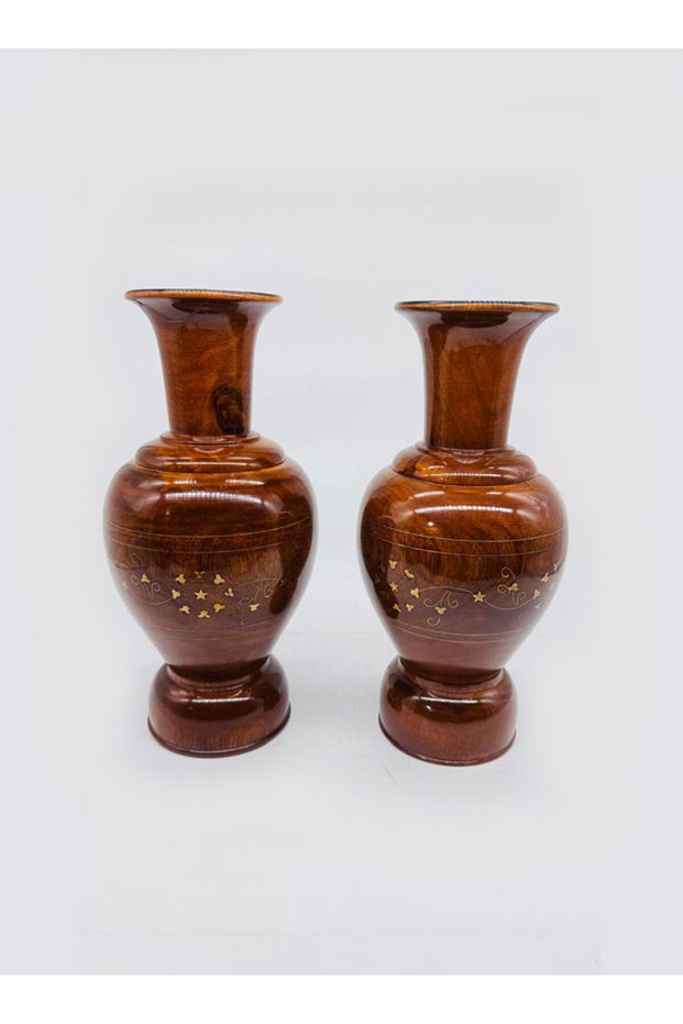 Wooden Guldasta Vase Handmade Brass Work with Wood Polish – Decorative Flower Vase