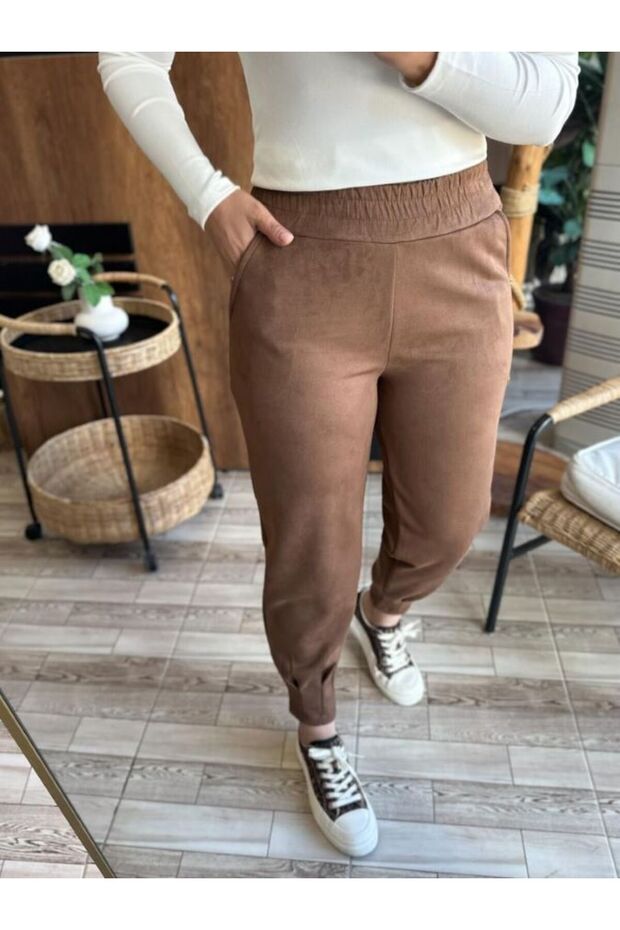 Elastic Waist Lycra Leg Detail Nubuck Trousers Mustard