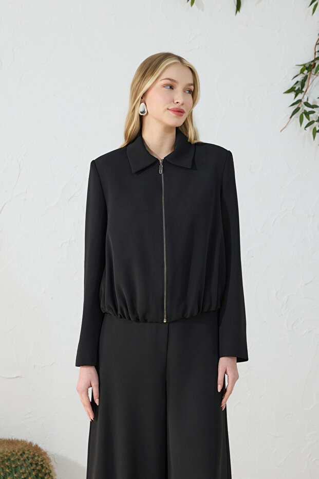 Black Hem Gathered Jacket - 5