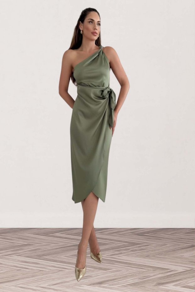Belted Satin Women's Evening Dress with Knot Detail on the Shoulder 003