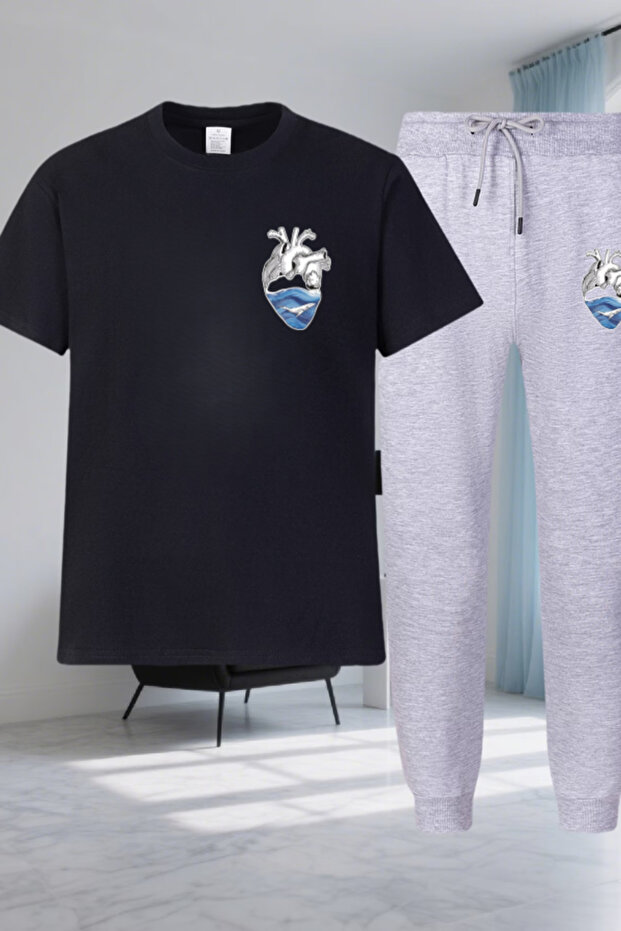 Heart Printed Oversized T-Shirt and Pants Two-Piece Set - Summer Fabric Men's Top-Bottom Set