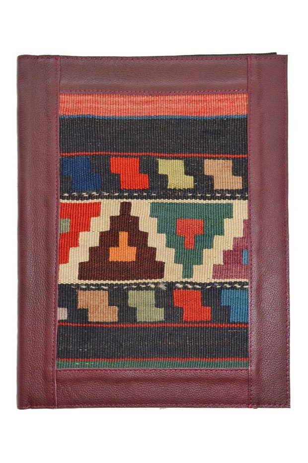 Antique Kilim Detailed A4 Size Burgundy Color Leather Organizer