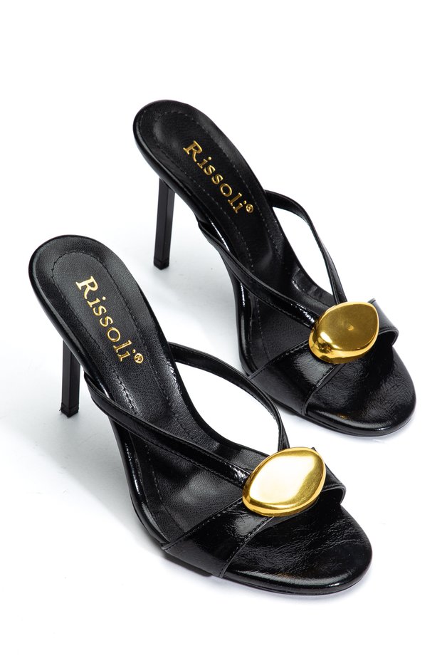 Women's Black Patent Leather Buckle Detailed Cross-Strapped Thin Heeled Slippers