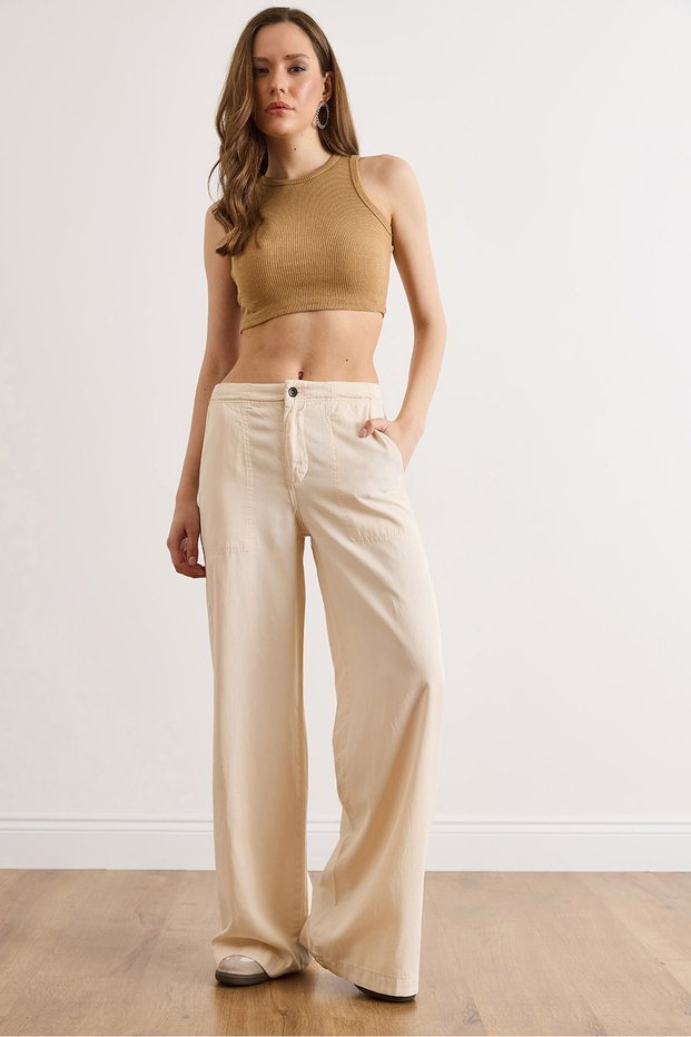 Women's Cream Bag Pocket Lyocell Soft Flowing Trousers Pnt-19000402