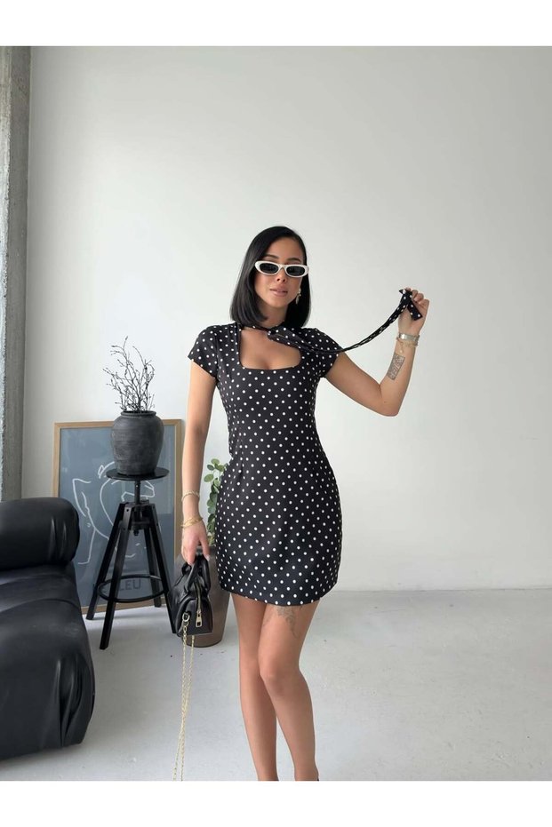 Asur Boutique Women's Square Neck Polka Dot Lined Slim Fit Halter Dress