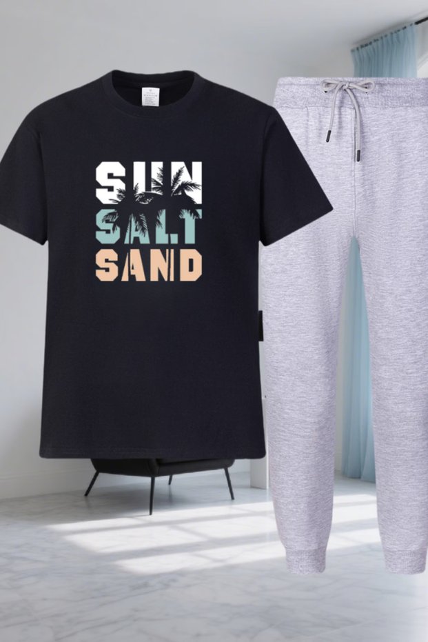 Sun Printed T-Shirt - Jogger T-Shirt Crew Neck Bottom Top Tracksuit Set