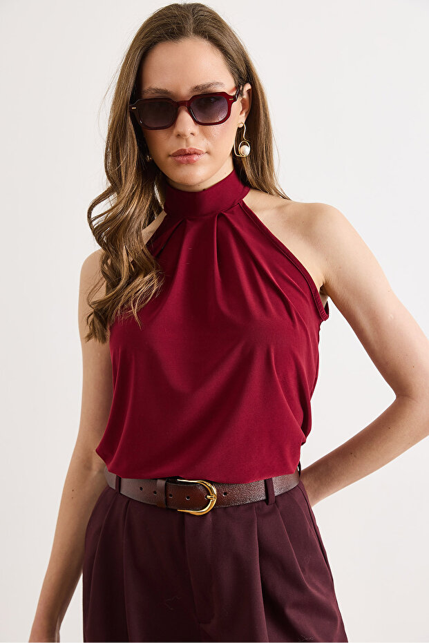 Women's Burgundy Collared Buttoned Halter Neck Flowy Blouse Blz-19002673