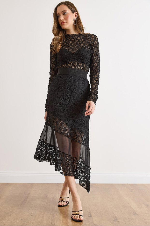 Women's Black Tulle Detailed Lined Lace Skirt Etk-19000421