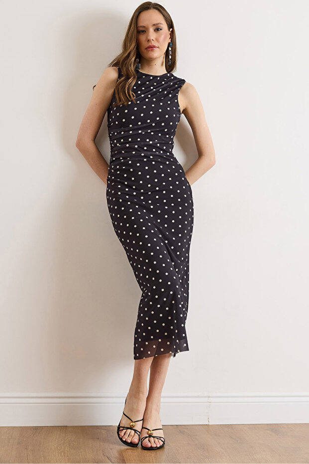Women's Anthracite Side Draped Detailed Midi Polka Dot Chiffon Dress Elb-19002629