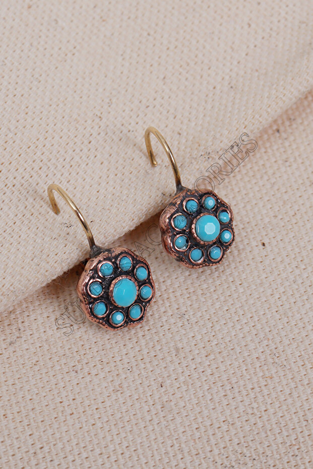 Authentic Earrings with Turquoise Stone and Floral Motif