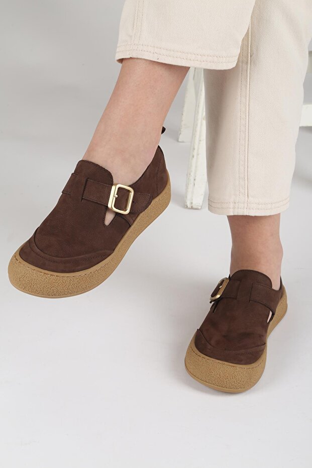 Luna Genuine Leather Brown Slip-On Buckle Women's Shoes