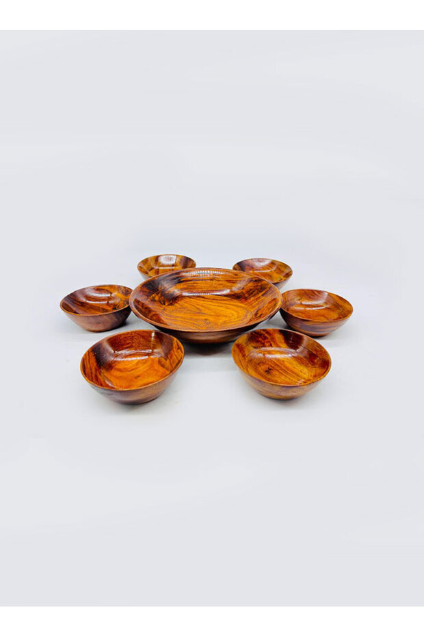 Rosewood Wooden Bowl Plain Set with 6 Plate Bowls – Handmade Serving Bowl Set