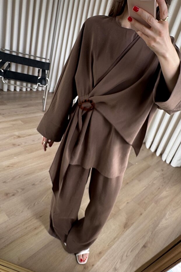 Brown Shawl Model Buckle Detailed Modal Pants Blouse Set