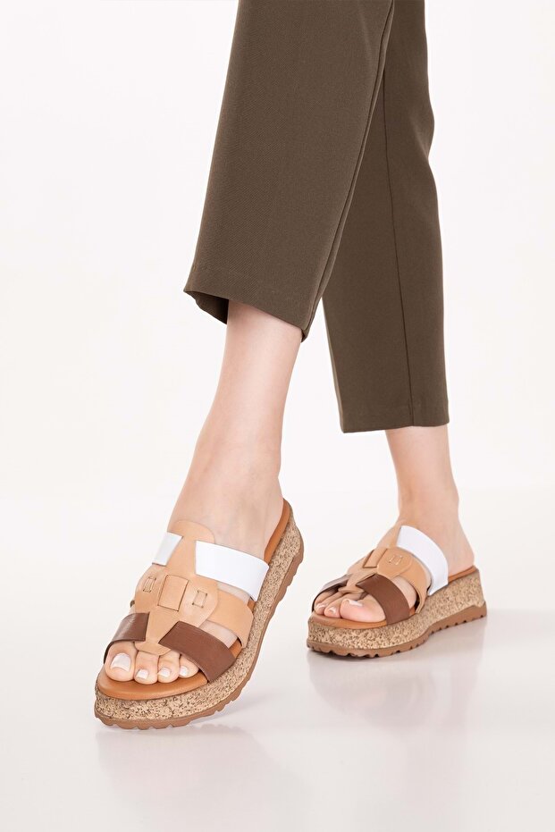Women's Genuine Leather Thick Soled Daily Slippers Iz.5706 Nut