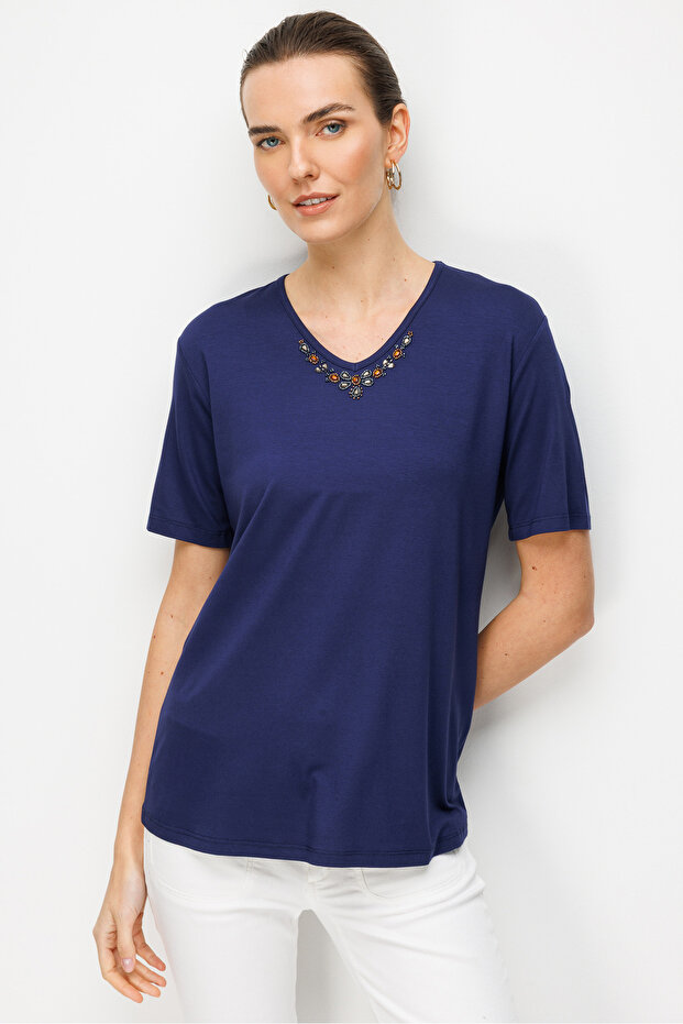 Women's V-Neck Collar Embroidered Combed Cotton T-Shirt Navy Blue