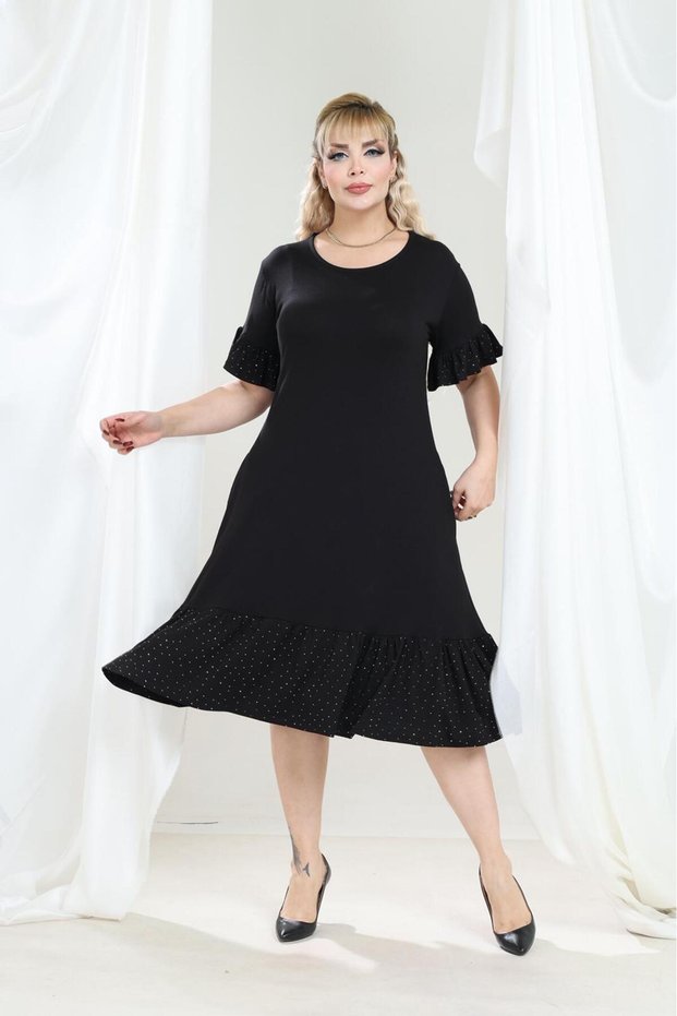 Plus Size Knee-Length Sleeve And Skirt Ruffle detailed short sleeve Stylish Pocket Viscose Combed Cotton Dress