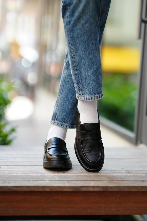 Lane Model Genuine Leather Handmade Black Leather Casual Shoes