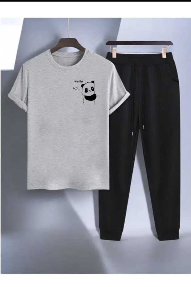Panda Printed T-Shirt - Jogger T-Shirt Crew Neck Bottom Top Tracksuit Set