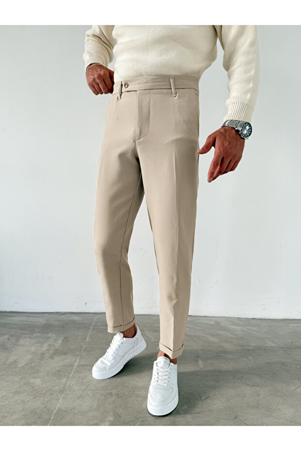 Elastic Waist Slim Fit Double Leg Fabric Trousers