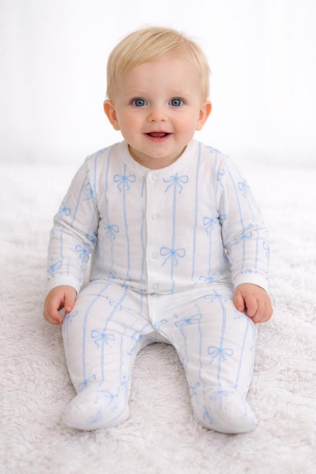 Baby Boy Blue Bow Patterned Jumpsuit – Cotton Long Sleeve Jumpsuit with Snap Fasteners and Booties-128947