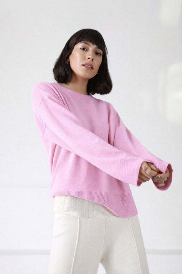 Women's Light Pink 100% Cashmere Crew Neck Soft Textured Knitwear Sweater Stylish